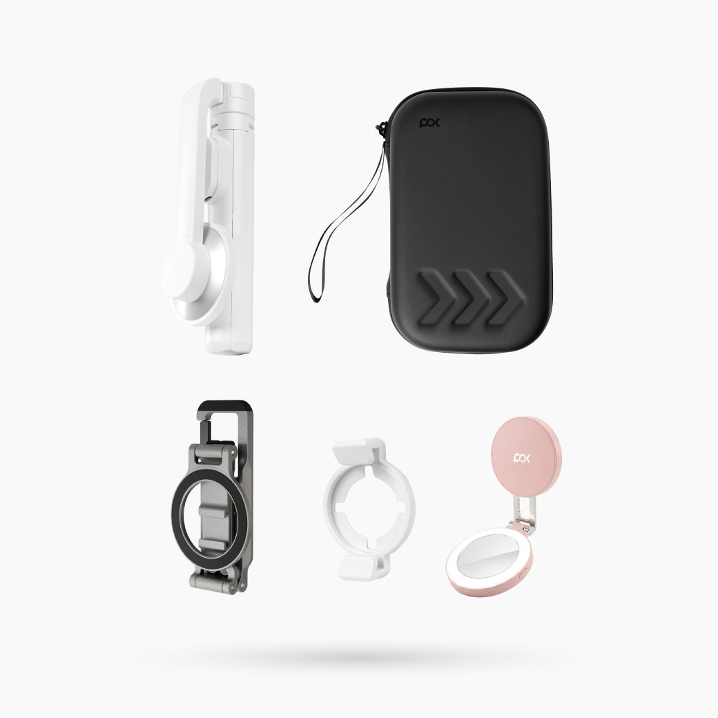 HUB Vantage 2 登山扣磁吸支架+POD Mini 磁吸腳架(白)+矽膠轉接夾(白)+磁吸折疊補光燈(粉)+耐衝擊硬殼收納包-L