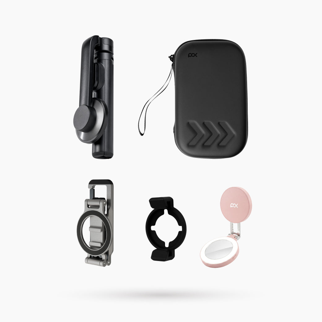 HUB Vantage 2 登山扣磁吸支架+POD Mini 磁吸腳架(黑)+矽膠轉接夾(黑)+磁吸折疊補光燈(粉)+耐衝擊硬殼收納包-L